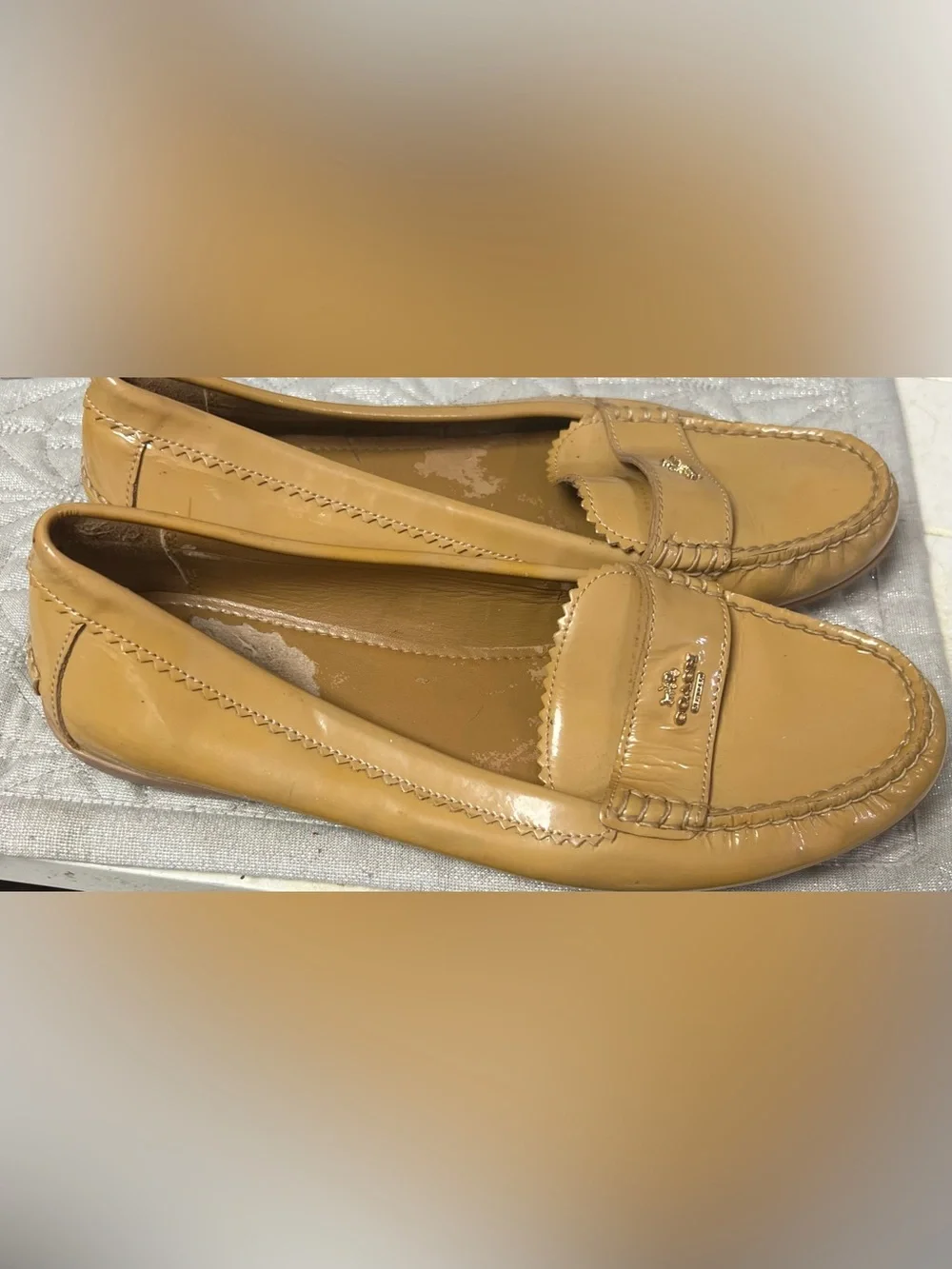 Coach Patent Leather Loafers in Camel Tan